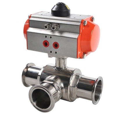 Dn80 3 Way Stainless Steel Food Grade Sanitary Tri-clamp Ball Valve Pneumatic Actuated Valve